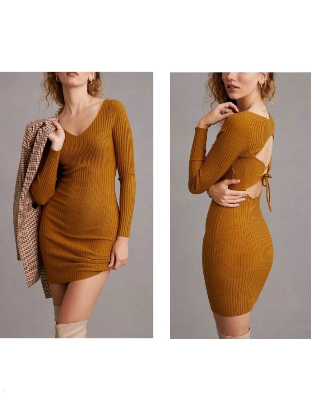 Anthropologie Daily Practice Ribbed Dress Cutout Open Back Dark Yellow Brown S